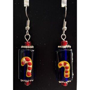 Vintage Art Glass Holiday Blue Candy Cane Pierced Earrings 1.75” Sacred Feather